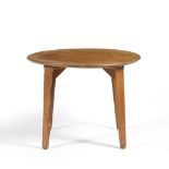 Gordon Russell Oak coffee table round plank top over tapered legs maker's label to underside 61cm