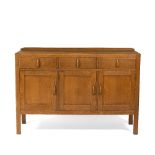 Heals Oak sideboard, circa 1920 three drawers over two cupboards, carved handles inset white maker's