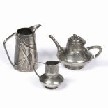 Art Nouveau Urania after Friedrich Adler silver metal teapot and two jugs each decorated with an