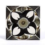 Aldermaston Pottery Pottery tile hand painted black symmetrical design on a white ground 15cm x