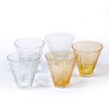 Sia Mai (Danish, 20th century) Five "Structure" drinking glasses, 2002 three clear, two yellow,