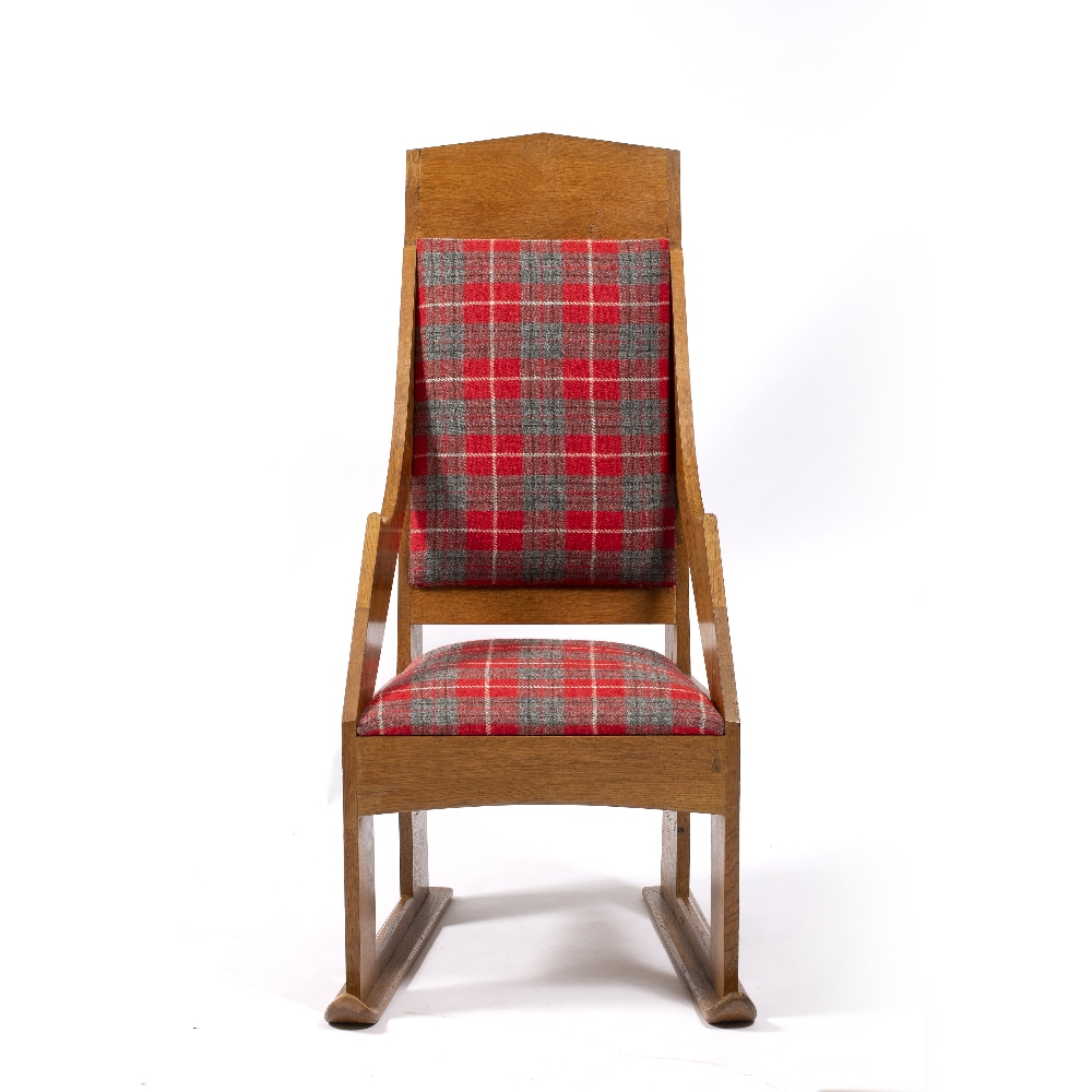 Cotswold School Oak throne chair, circa 1960 pegged joints, ski shaped legs, Harris Tweed upholstery - Image 2 of 4