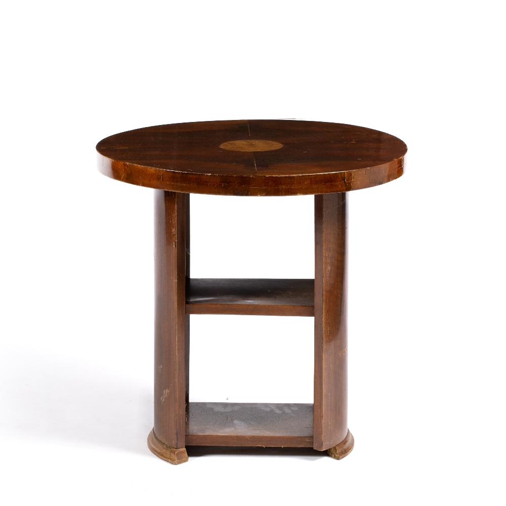 Art Deco Walnut veneered side table round top with two tone veneer over two shelves 60cm diameter,