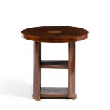 Art Deco Walnut veneered side table round top with two tone veneer over two shelves 60cm diameter,
