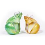John Ditchfield for Glassform (British, 20th century) Two Glass Frogs green and yellow iridescent
