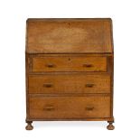 Heals Oak bureau fitted cupboard over three drawers and turned feet 44cm x 74cm, 93cm high