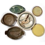 Studio Pottery Six stoneware dishes various glazes and decoration each with impressed potter's