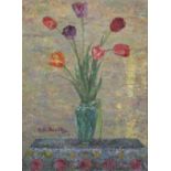 Rudolph Helmut Sauter (1895-1977) 'Tulips' oil on board original gallery label to verso, signed to