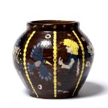 Lionel Miskin (20th Century) Stoneware vase hand painted figures and animals on a brown glaze hand