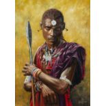 Steve Burgess (Canadian, 1960) Portrait of a Masai warrior oil on canvas signed lower right
