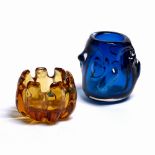 Whitefriars Two vases knobbly and ridged form, blue and orange tallest 13cm high (2)