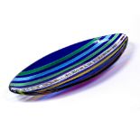 Italian art glass Millefiori dish finished with a linear pattern in a red, blue, yellow and green