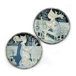 Aesthetic Movement Two large hand painted plates, late 19th century each depicting a weaver, blue on