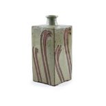 Phil Rogers (b. 1951) Stoneware vase square form with pale green mottled glaze and linear decoration