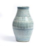 Studio Pottery Large stoneware vase hand painted linear decoration in three band blue and white