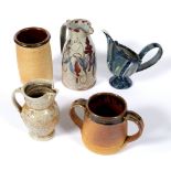 Studio Pottery Four stoneware jugs and a pot various glazes and decoration each with potter's