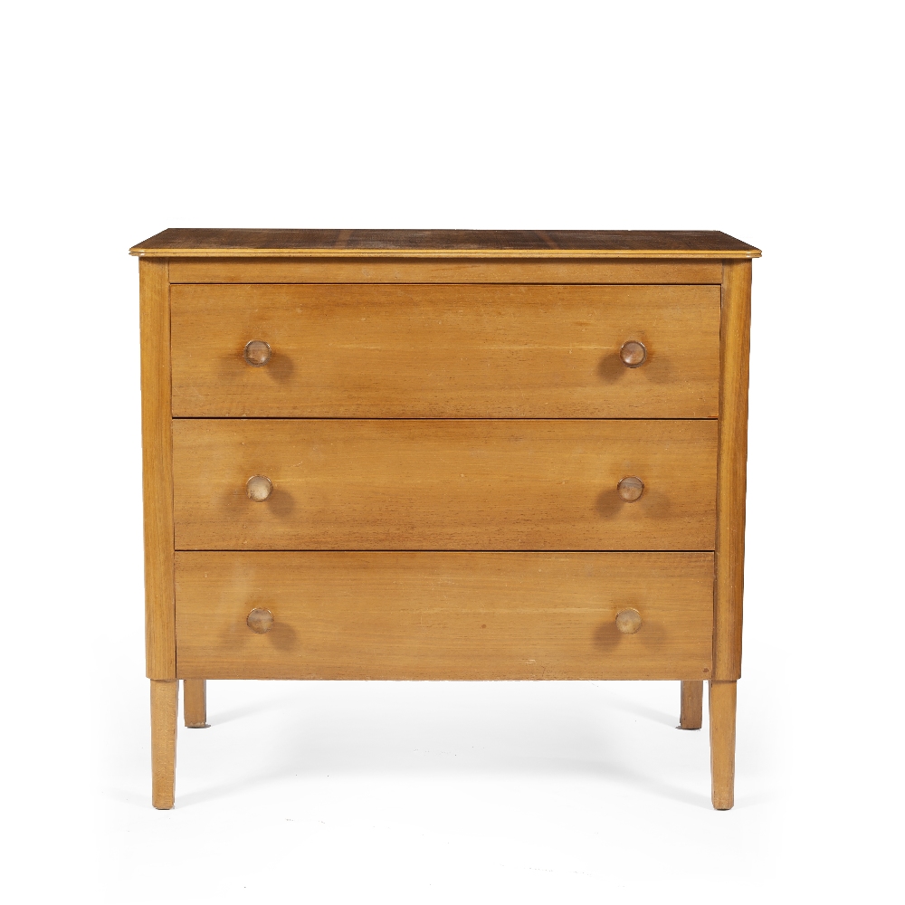 Gordon Russell Veneered chest of drawers three drawers, tapering legs maker's label to back 91cm x