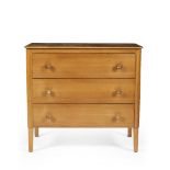 Gordon Russell Veneered chest of drawers three drawers, tapering legs maker's label to back 91cm x