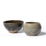 Katherine Pleydell Bouverie (1895-1985) Two stoneware bowls dark green and pale blue dipped glaze