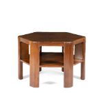 Heals Walnut coffee table, circa 1930 hexagonal top over a single shelf, book matching veneer,