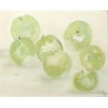 Liz Duff (British 20th Century) Still life study of apples oil on board signed lower right framed,