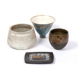 Contemporary Studio Pottery Three vessels and a dish various glazes some with potter's marks tallest