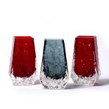 Whitefriars Three glass vases textured finish, ruby red and kingfisher blue colourway each 13cm high