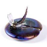 Lazlo (British, 20th century) Glass paperweight, in the form of a dragonfly on top of a lily pad,