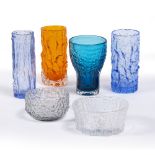 Whitefriars Collection of vases each with textured finish, orange, blue and clear some with original