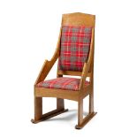 Cotswold School Oak throne chair, circa 1960 pegged joints, ski shaped legs, Harris Tweed upholstery
