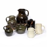 Winchcombe pottery Two mugs, teapot, vase and three jugs various glazes each with impressed studio