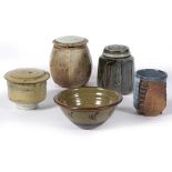 Studio Pottery Three lidded jars, a bowl and small pot various mottled glazes each impressed