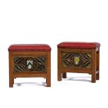 Arts & Crafts Pair of oak stools each carved with a hand painted crest, red leather, pegged