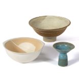 Contemporary Pottery Vase by Ray Hoole, miniature vase and footed bowl various glazes each with