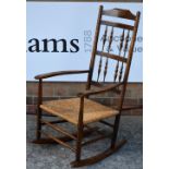 Neville Neal Ash rocking chair, circa 1960 ladder-back with stylised supports, rush seat stamped