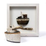 Richard Goodwin-Jones (British 20th Century) Two ceramic models of fishing boats one contained in