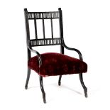 In the manner of Morris & Co Stained wood armchair curved arms and legs, red upholstered seat 79cm