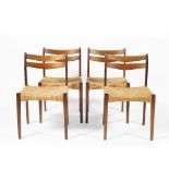 Danish School Set of four teak dining chairs rush seats, ladder back, tapering legs made in Denmark,