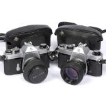 Pentax (Japan) Sportmatic and Sportmatic F camera bodies with two Asahi Tukumar SMC 55mm f1.8 lenses