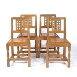 Albert "Eagleman" Jeffray (Mouseman Apprentice) Four oak chairs leather upholstered seats carved