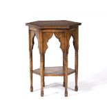 Liberty & Co stained oak/beech side table hexagonal top, six turned legs, cut out supports 51cm high