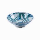 Aldermaston Pottery Terracotta bowl with blue abstract decoration on a white ground artist's