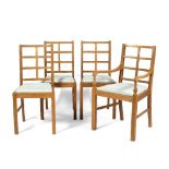 Heals Set of four oak dining chairs, Cotswold School lattice work backs, the carver with curved arms