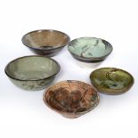 Studio Pottery Five stoneware bowls various glazes and decoration each with potter's impressed marks
