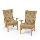 Apprentice of Barnsley Pair of upholstered oak armchairs each 90cm high