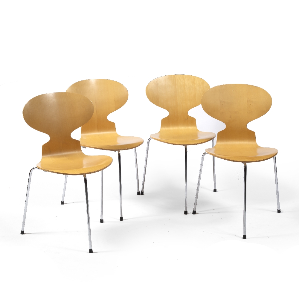 Arne Jacobsen for Fritz Hansen Set of four plywood chairs, 1999 seat over three chrome legs original