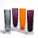 Whitefriars Four glass vases square form with bark finish, tangerine, aubergine and kingfisher