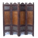 Four fold hardwood screen India, decorated with brass inlay and pierced ornament 175cm across x