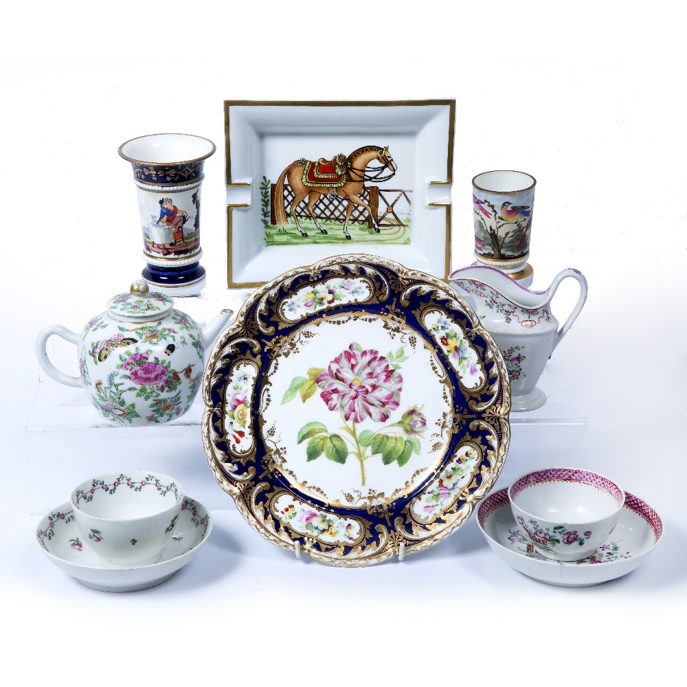 Collection of porcelain including Derby spill vase, Cantonese porcelain teapot, New Hall porcelain