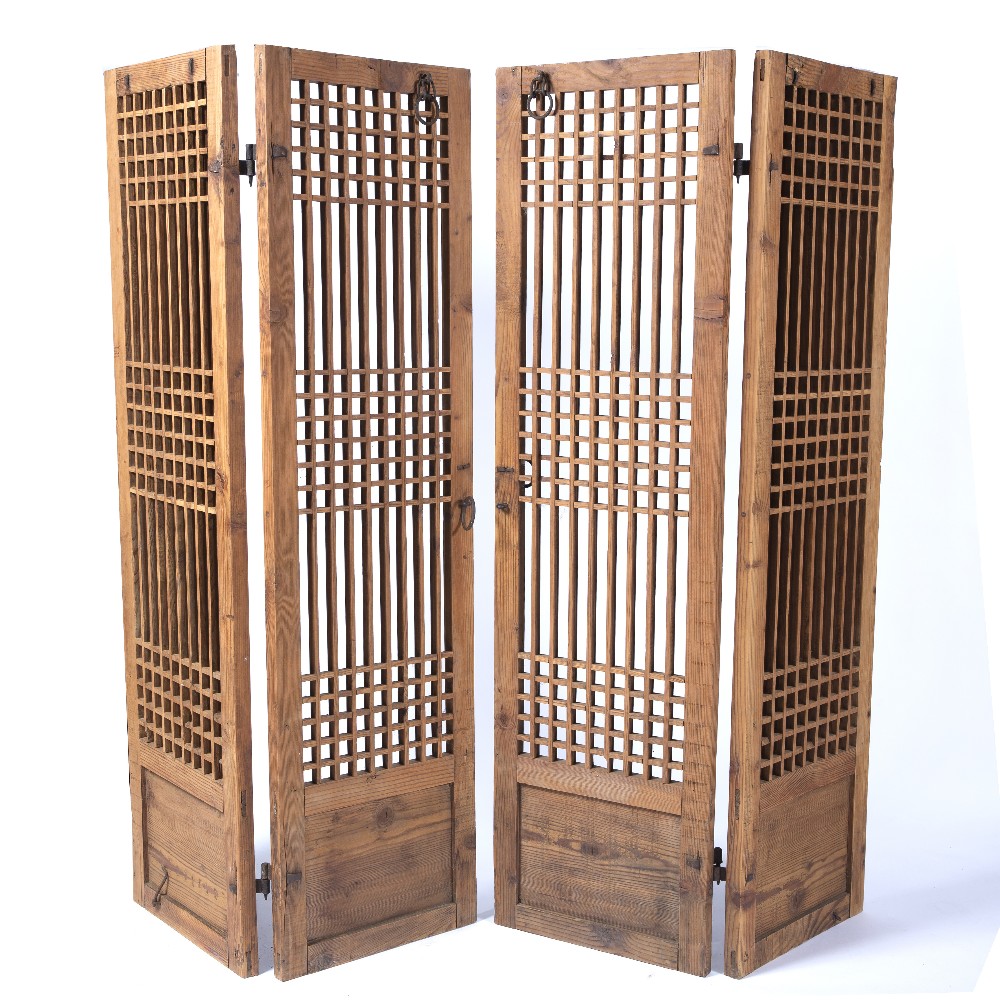 Pair of pine slatted screens Korean, with iron handles, each 175cm high x 94cm